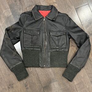 BSB Black Bomber Leather Bomber Jacket with Embroidered Details- Medium